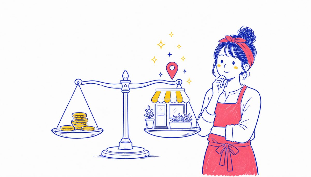 MEO対策の費用と得られる集客資産を天秤にかけて考える店舗オーナーのイラスト