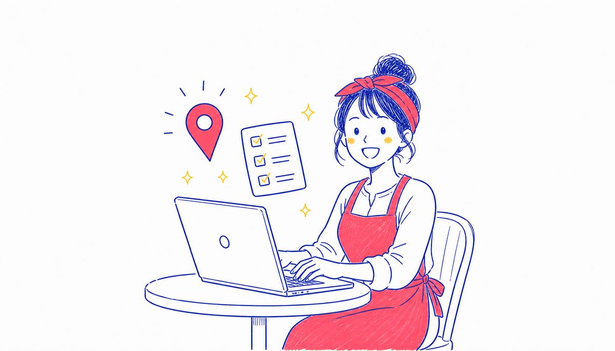 MEO対策の初期設定をパソコンで行う店舗オーナーのイラスト