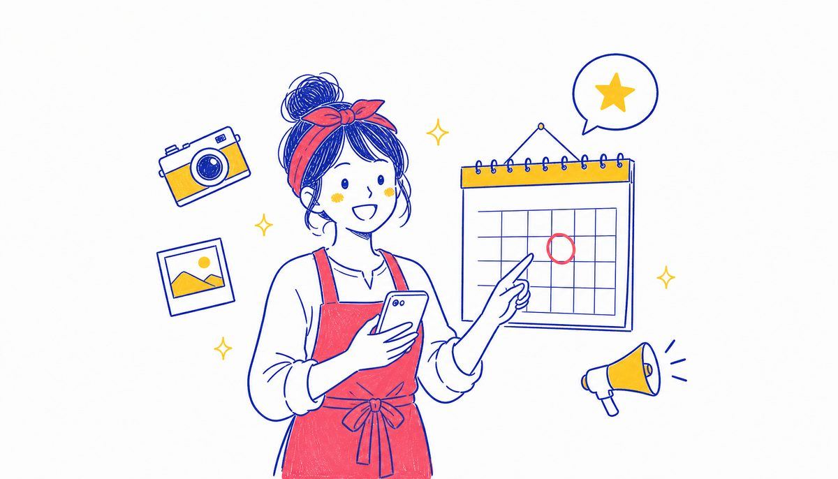 週次のMEO運用(最新情報更新・写真追加・口コミ返信)を行う店舗オーナーのイラスト