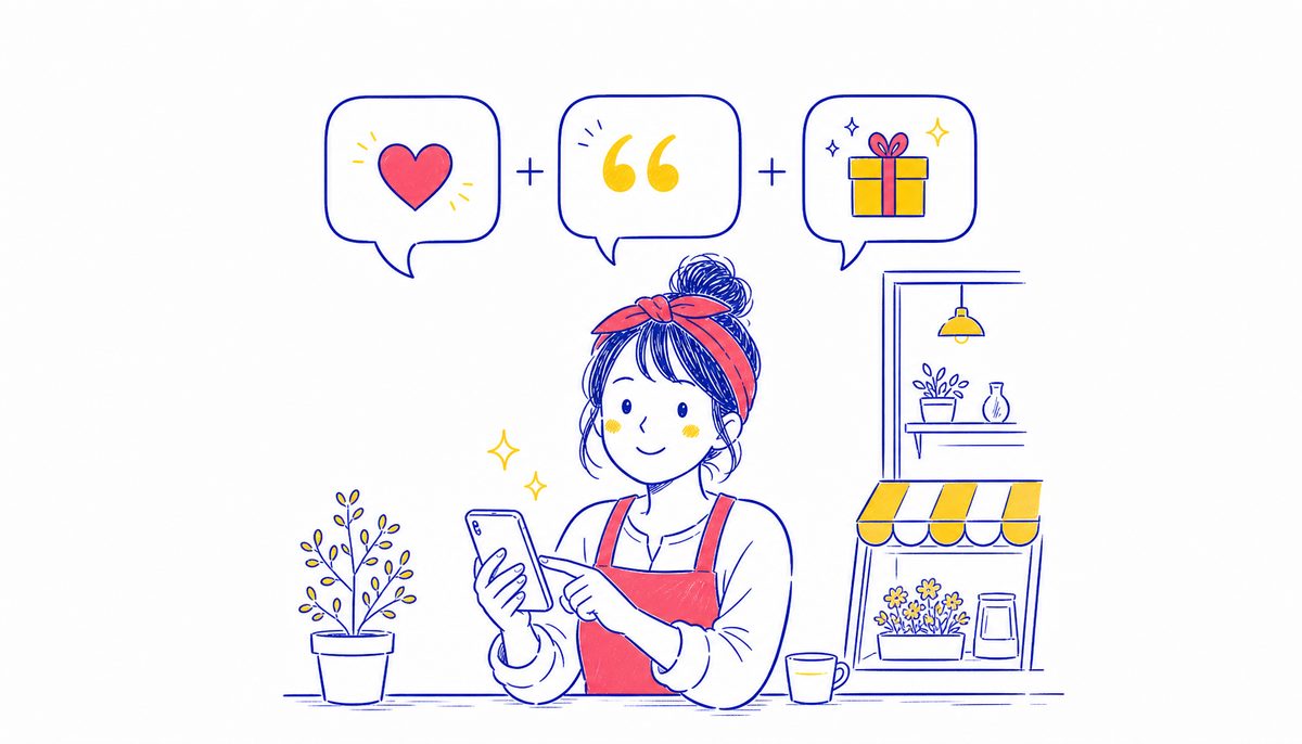 3部品の型（感謝・具体への言及・ひとこと）で口コミ返信を書く店舗オーナーのイラスト