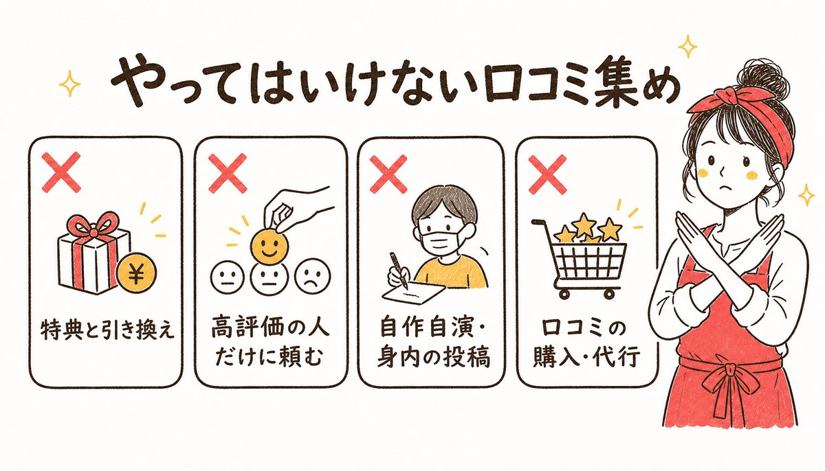 やってはいけない口コミ集めの図解: 特典と引き換え、高評価の人だけに頼む、自作自演・身内の投稿、口コミの購入・代行はすべてNG