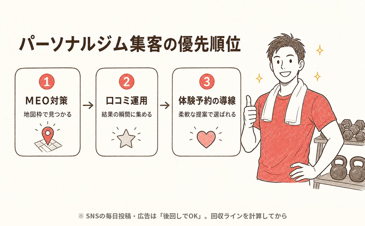 パーソナルジム集客の優先順位の図解: 1 MEO対策、2 口コミ運用、3 体験予約の導線。SNS毎日投稿と広告は後回しでよい