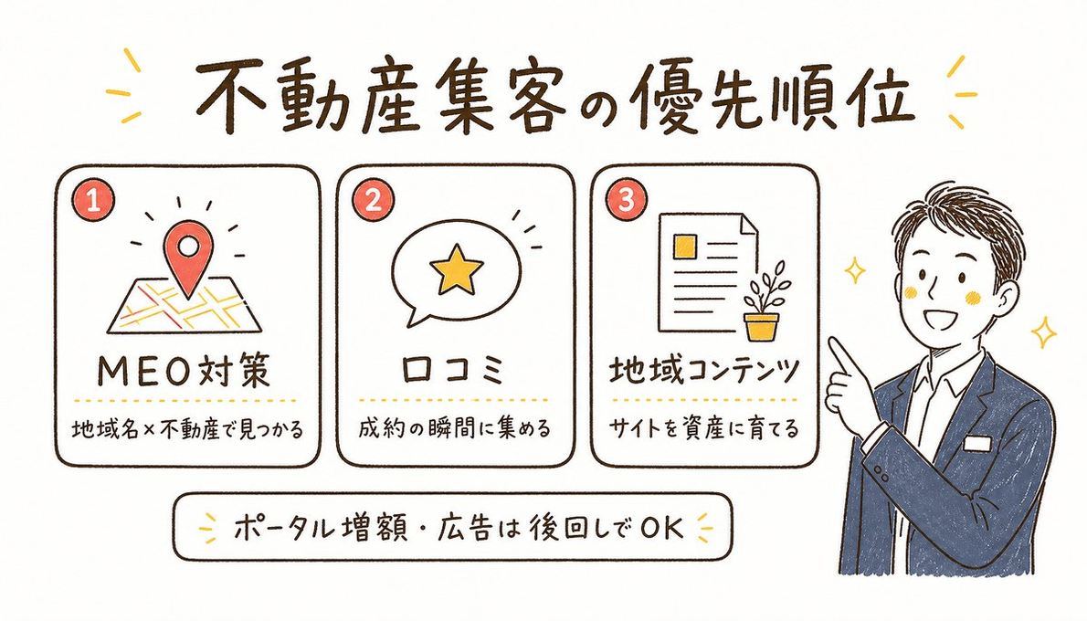 不動産会社の集客の優先順位の図解: 1 地域名×不動産のMEO対策、2 成約の瞬間の口コミ、3 地域コンテンツのSEO資産。ポータル増額と広告追加は後回しでよい
