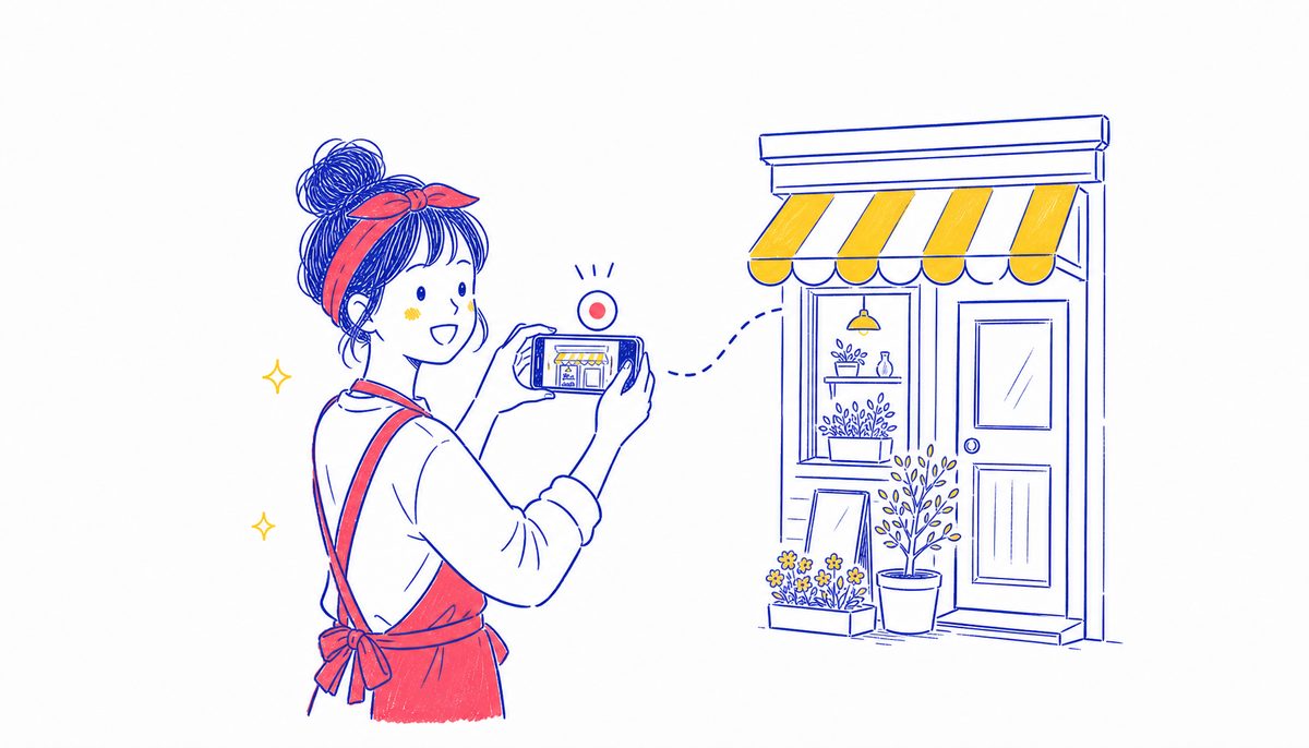 オーナー確認の動画をスマホで撮影する店舗オーナーのイラスト