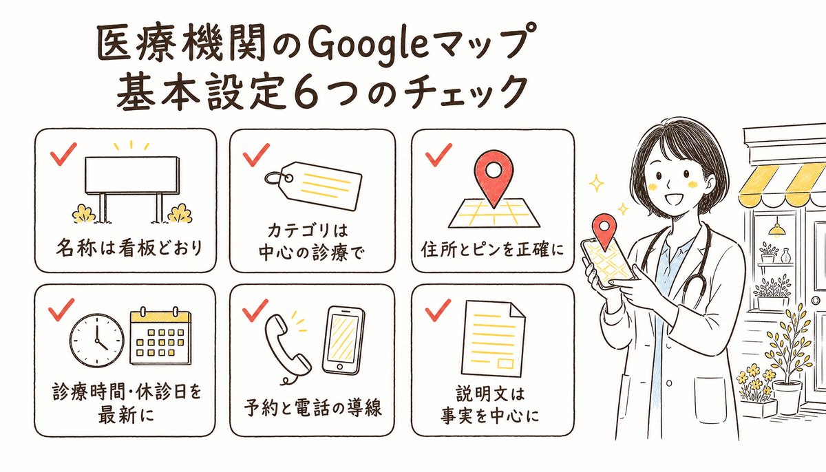 医療機関のGoogleマップ 基本設定6つのチェックの図解: 名称は看板どおり、カテゴリは中心の診療で、住所とピンを正確に、診療時間・休診日を最新に、予約と電話の導線、説明文は事実を中心に