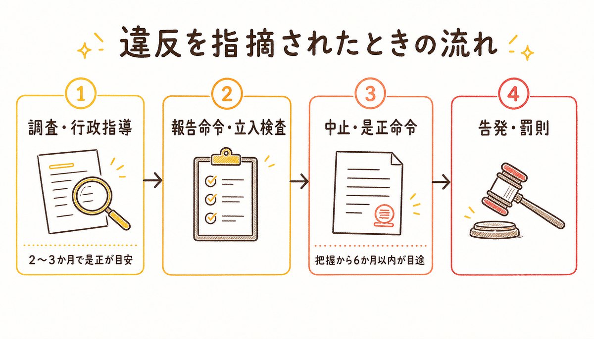 医療広告の違反を指摘されたときの流れの図解: 調査・行政指導(2〜3か月で是正が目安)、報告命令・立入検査、中止・是正命令(把握から6か月以内が目途)、告発・罰則