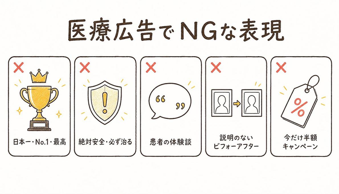 医療広告でNGな表現の図解: 日本一・No.1・最高、絶対安全・必ず治る、患者の体験談、説明のないビフォーアフター、今だけ半額キャンペーン
