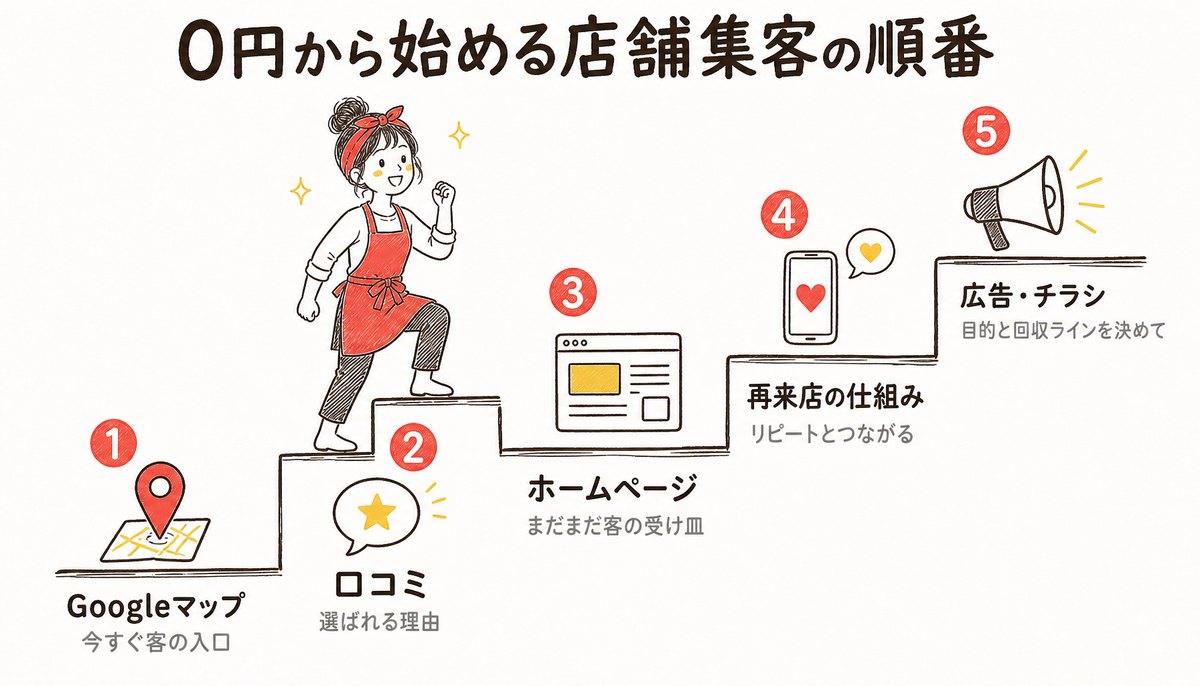 0円から始める店舗集客の順番の図解: 1 Googleマップ(今すぐ客の入口)、2 口コミ(選ばれる理由)、3 ホームページ(まだまだ客の受け皿)、4 再来店の仕組み(リピートとつながる)、5 広告・チラシ(目的と回収ラインを決めて)