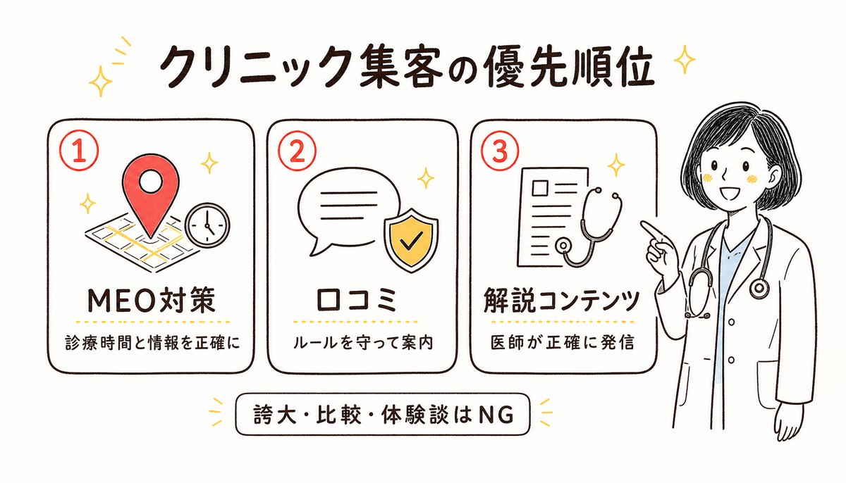 クリニック集客の優先順位の図解: 1 MEO対策(診療時間と情報を正確に)、2 口コミ(ルールを守って案内)、3 解説コンテンツ(医師が正確に発信)。誇大・比較・体験談はNG