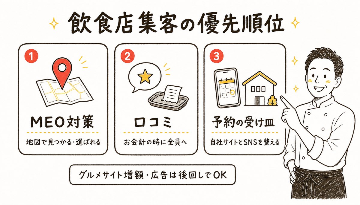 飲食店集客の優先順位の図解: 1 MEO対策(地図で見つかる・選ばれる)、2 口コミ(お会計の時に全員へ)、3 予約の受け皿(自社サイトとSNSを整える)。グルメサイトの増額と広告は後回しでよい