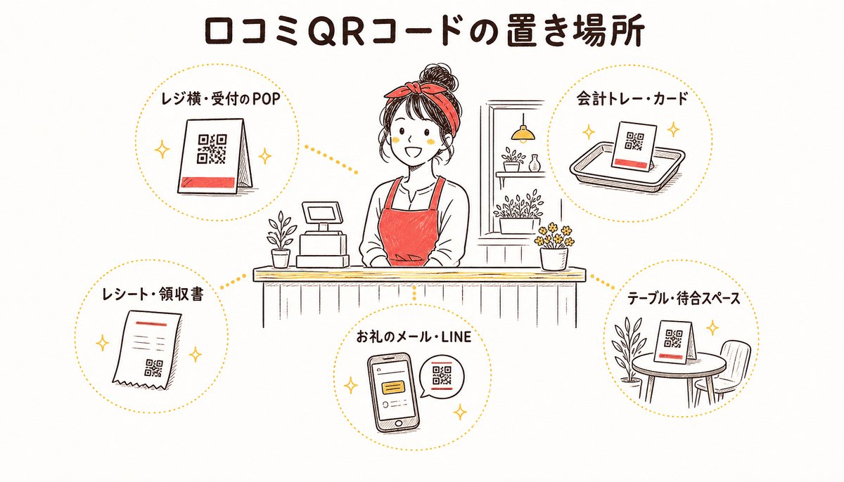 口コミQRコードの置き場所の図解: レジ横・受付のPOP、会計トレー・カード、レシート・領収書、お礼のメール・LINE、テーブル・待合スペース
