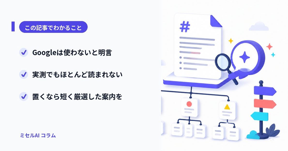 この記事でわかること: Googleは使わないと明言/実測でもほとんど読まれない/置くなら短く厳選した案内を