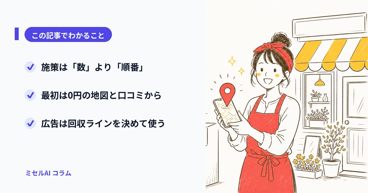 この記事でわかること: 施策は「数」より「順番」/最初は0円の地図と口コミから/広告は回収ラインを決めて使う